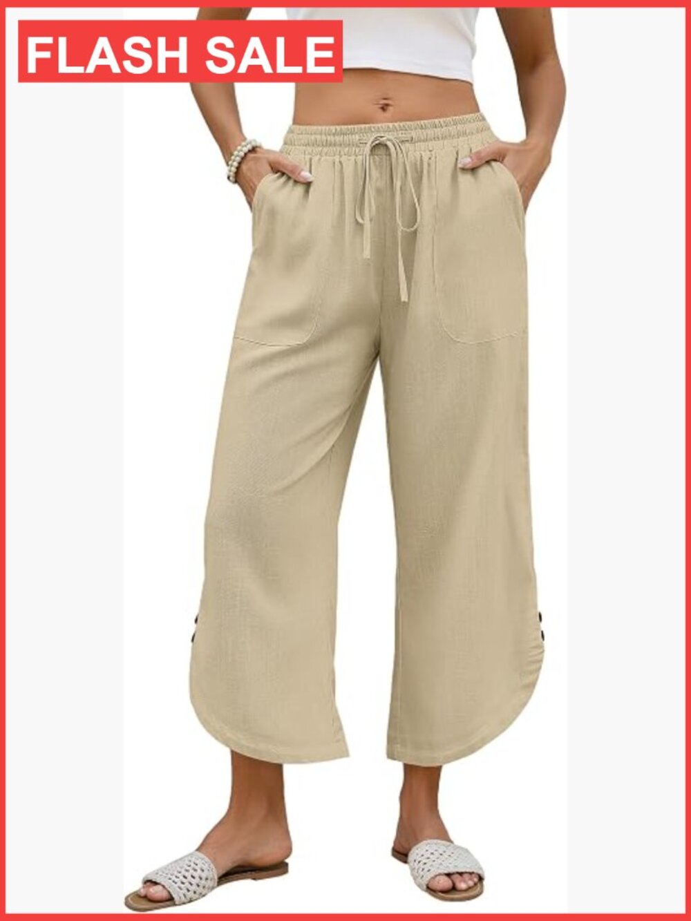 Women's Cotton Linen Wide Leg Capri Pants with Pockets - Picture 1 of 7